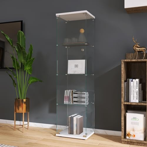 LONELYO Armadio con 4 ripiani in vetro per esposizione in piedi e vetrina per soggiorno, camera da letto o ufficio, 164 x 42,5 cm, bianco