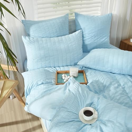 YASMENG Seersucker Bettwäsche 135x200 4teilig Blau Gestreift Sommer | Bettwäsche Seersucker Modern Weich Atmungsaktiv Mikrofaser Bettbezug Set mit Reißverschluss und 2 Kissenbezüge 80x80 cm