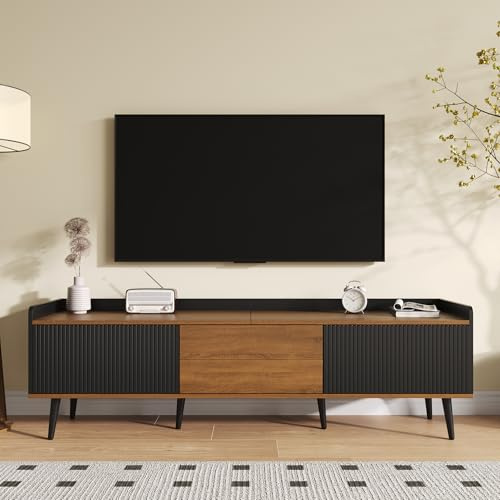 BTM TV Stand Cabinet, Black TV Stand with 3 Doors and Black & Natural Wood Finish, 160x39x49.5cm