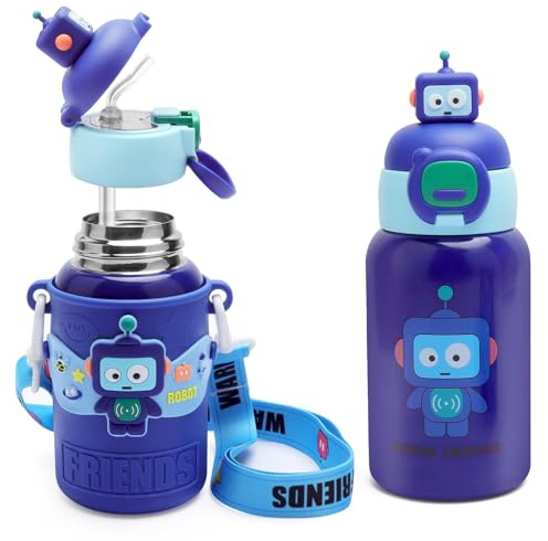 Vattenflaska för barn i rostfritt stål 450 ml med sugrör – robotdesign termosflaska med fodral och bärrem – BPA-fri läckagesäker vattenflaska för skola 1. Klass, dagis, pojkar, flickor