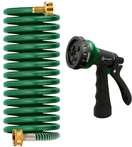 AUTOMAN Coil Garden Hose 15 ft, EVA Curly Water Hose with Brass Connectors, Recoil Garden Water Hose,Includes 7-Pattern Function Sprayer,Retractable,Corrosion Resistant Garden Coil Hose.