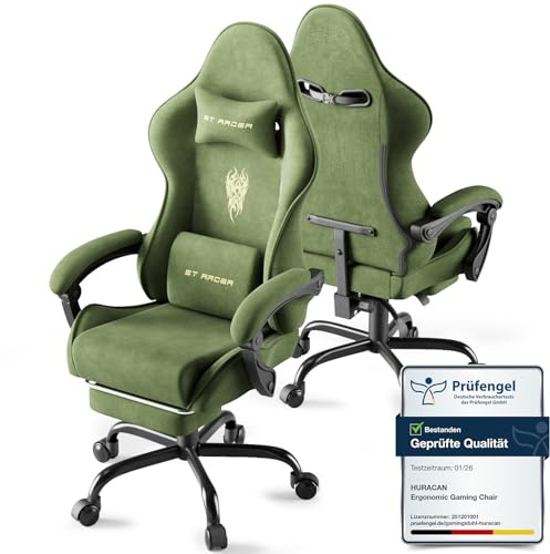 Huracan Silla Gaming con Soporte Lumbar de Masaje, Transpirable y ergonómico, Silla Gamer de Tela de Terciopelo, poltrona da Gaming con reposacabezas Ajustable y cojín Lumbar, reposapiés, Verde