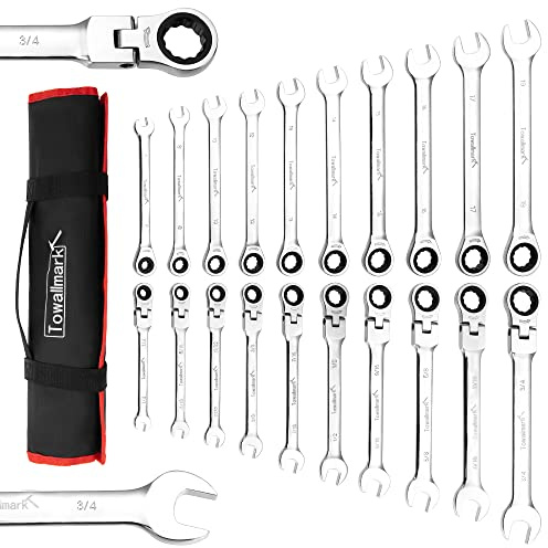 Aptliton 20PCS Ratcheting Spanner Set Metric & SAE – Flex Head & Fixed Head Combination Wrench Set with Storage Roll for Car, Bike & Home Repair