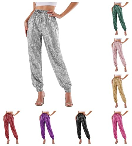 Glitzer Hose Damen Pailletten Hose Abba Kostüm Elegant 70er Jahre Outfit Karneval Kostüm Faschingskostüme Rave Outfit Glitzerhose mit Elastischer Gürtel Y2K Pailettenhose Disco Hosen 70er Klamotten