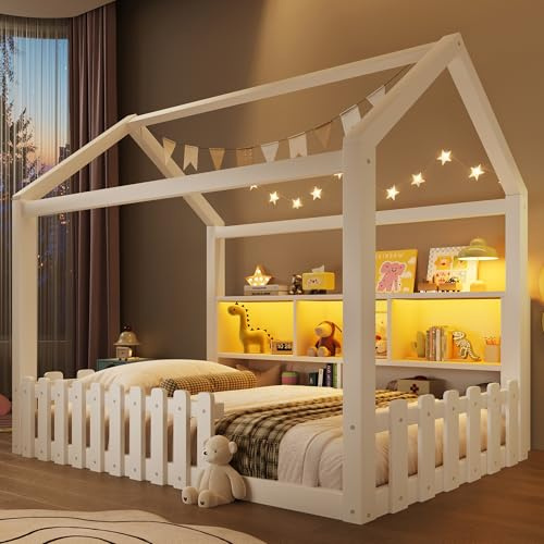 YuQozii Cama plana para niños con rejilla, con barra de luz LED, compartimentos de almacenamiento abiertos, diseño de casa, listones de madera de pino, sin colchón, estilo minimalista (blanco, 90*190）