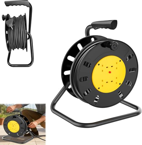 Cable alargador de cable de 15 m, enchufe exterior con 4 enchufes, alargador de tambor de cable automático, enrollador de cables, interruptor térmico y soporte para cables, cable de extensión exterior