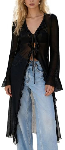 Acrawnni Women Chiffon Mesh Flowy Maxi Top Frill Sheer Kimono Half Sleeve Ruffle Top See Through Flowy Blouse Shirt