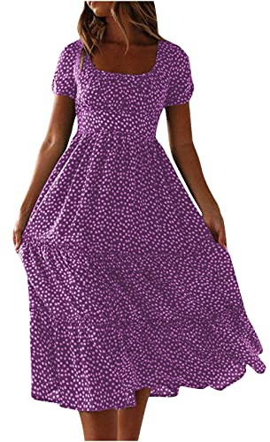 RIKAY Beach Dresses for Women UK,Floral Polka dot Printed Chiffon Swing Dresses ladiess Fashion Holiday Summer Short Sleeve Party Beach Vacation Vintage Dress Purple