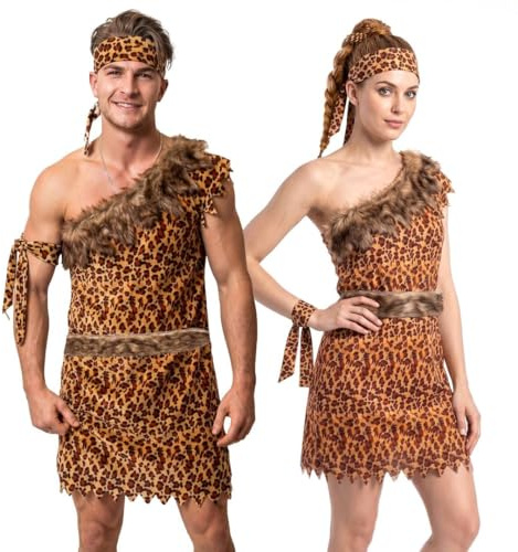 Costume d'homme des cavernes pour couple - M + XS - Imprimé léopard - Tuniques, ceintures, bandeaux, brassards et clubs gonflables - Costume d'Halloween amusant pour Halloween
