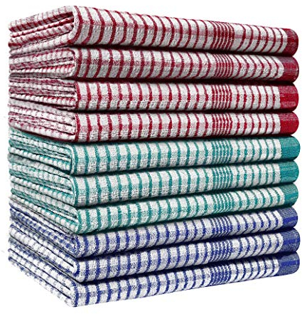 Pack of 10 Heavy Duty (80gm/pc) WonderDry Checked Cotton Kitchen Tea Towels - Absorbent - Durable & Long Lasting – Professional Grade - Lint Free – Fade Resistant – Bar, Catering, Restaurant Cloth