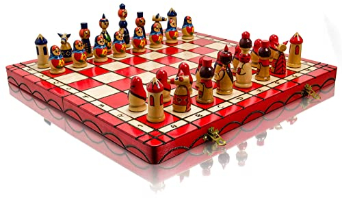 Master Of Chess Large Matryoshka 42 x 42 cm Holz handbemalt dekoratives Schachspiel für Erwachsene und Kinder (ROT)