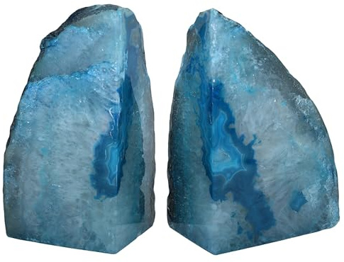 Nature's Decorations Buchstützen aus Achat – eine hochwertige blaugrüne Geode mit rutschfesten Gummipuffer für Regale, Büro, Heimdekoration – robuste, coole Kristallstein-Buchstütze, Paar zur