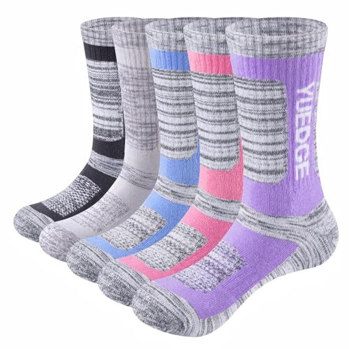 YUEDGE Women's 5 Pairs Wicking Breathable Cushion Anti Blister Casual Crew Socks Outdoor Hiking Trekking Walking Athletic Socks (XL)