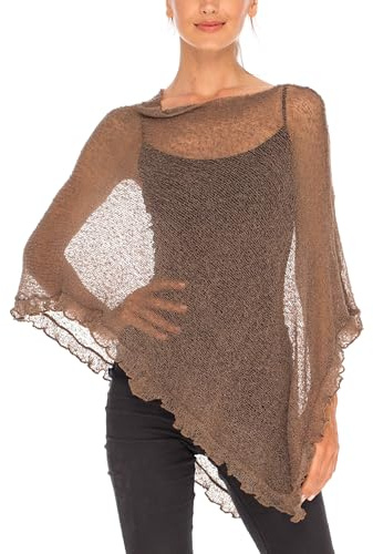 SHU-SHI Women’s Sheer Knit Poncho Shrug Lightweight Asymmetrical Ruffle Wrap Dressy Summer Shawl Cover Up Top