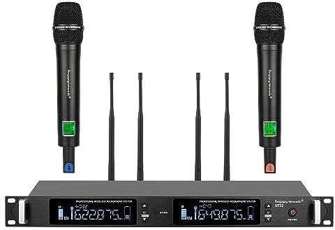 Sistema de micrófono inalámbrico UHF profesional, micrófono de metal de 2 canales, juego de 2 micrófonos inalámbricos de mano, escaneo automático, 2 x 100 frecuencias, hasta 350 pies para cantar