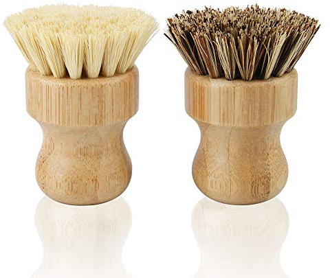 2 Pack Bamboo Dish Scrub Brush, Picowe Natural Scrub Cleaning Brush Vegetable Brush for Dishes Cast Iron Pots Pans, Used in Bathroom Kitchen Sink Household Cleaning