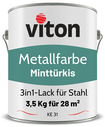 Viton Metallfarbe in Türkis - 3,5 Kg Metall-Schutzlack Petrol Seidenmatt - Dauerhafter Schutz & Beständigkeit - 3in1 Grundierung & Deckfarbe - Metalllack direkt auf Rost - KE31 - RAL 6033 Minttürkis