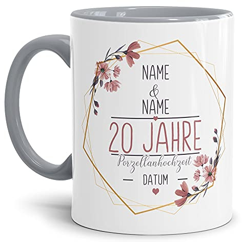 Tasse zum Hochzeitstag Porzellan Hochzeit - mit Name & Datum selbst gestalten - 20 Jahre Ehe, Paar, Geschenk Hochzeit, Jubiläum, Jahrestag I Personalisiert, Keramik Innen & Henkel Grau 300 ml