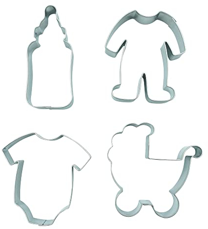 BekkiB 2464 – Juego de 4 cortadores de galletas para biberón, cochecito de bebé, mameluco, apto para lavavajillas de acero inoxidable