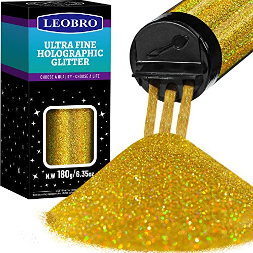 Hubbmx LEOBRO Goldglitzer, Glitzer, holografischer ultrafeiner Glitzer, 180 g, Bastelglitzer, Harz-Glitzerpulver, 1/128 Zoll metallisch schillernder Glitzer für Harzbecher, Gesichtskörper-Glitzer für