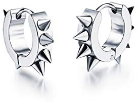 Goth Rivet Awl Spike Huggies Piercing Hoop Earrings for Men, Hoop Earrings Huggie Ear Piercings Jewelry, Stainless Steel Punk Stud Earrings Hypoallergenic (Silver)