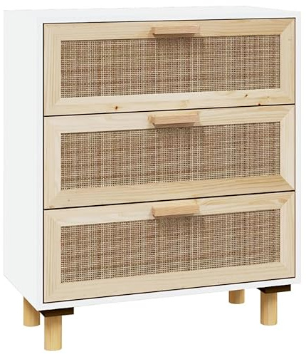 Makastle Kommode mit 3 Schubladen, Sideboard Highboard Kommodenschrank Beistelltisch Schubladenkommode für Schlafzimmer & Wohnräume & Büro, Weiß 60x30x70 cm Massivholz Kiefer und Natur-Rattan