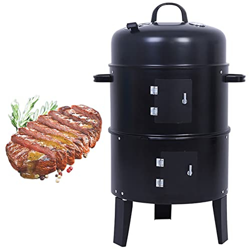BASII 3-in-1-Multifunktions-Holzkohlegrill, Barbecue-Smoker-Grillofen mit Haken, integriertem Thermostat und verstellbaren Lüftungsöffnungen, runder Kochofen für Garten, Camping, Outdoor-Kochen