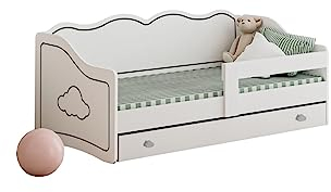 Happy Babies ROYAL- Kinderbett 160 x 80 Kinderzimmer Bett mit Rausfallschutz Bettkasten und Matratze Bett für Mädchen & Jungen Wolke Muster