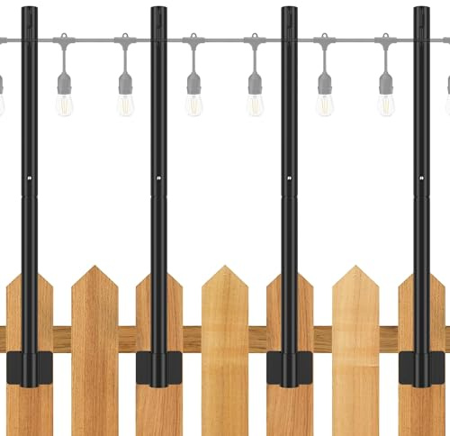 Suchtale 4 Pack 2.8 FT Outdoor String Light Poles, Suspension Fence Post Extender with Clip and Bracket, Deck String Lights Hangers, Wall Mounting Stand for Patio Garden Christmas Wedding Party,Black