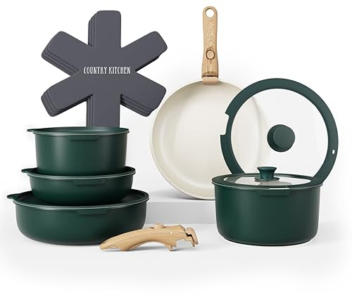 Country Kitchen 16 Piece Pots and Pans Set - Safe Nonstick Kitchen Cookware with Soft Touch Wooden Removable Handle, RV Cookware Set, Oven Safe (Sage), Sage, Original with Fridge Lids