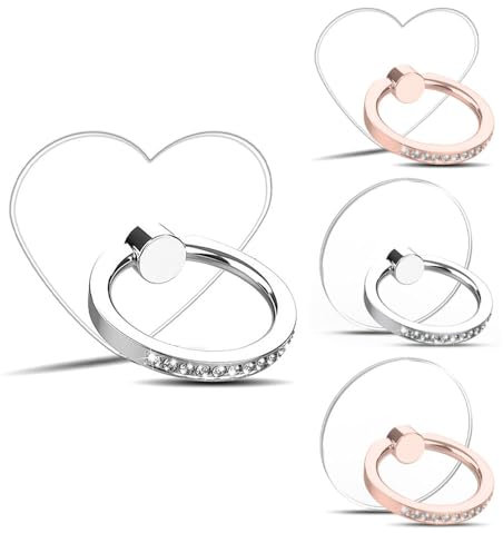 Bmeigo 4 Pezzi Trasparente Supporto per anello per cellulare, Cellulare anello titolari telefono con diamante e 360 Roatation regolabile per tutti gli smartphone (Cuore/rotonda, oro rosa/argento)
