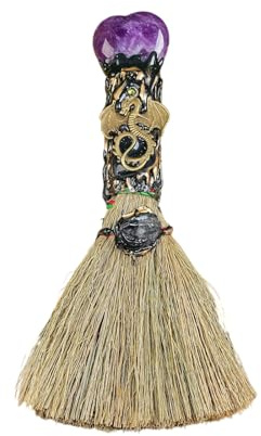 Xuoxeji Crystal Witch Wiccan Altar Broom,Witchcraft Witches Pagan Altar Decor, Handmade Ritual Magic Ceremonial (Amethyst)