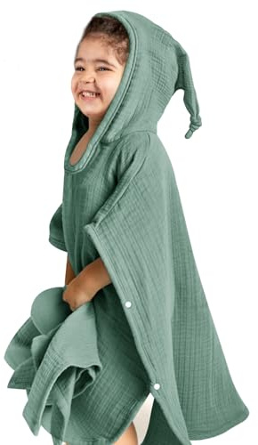 lulumoon Poncho de baño infantil con capucha para bebé, 100 % muselina, algodón, toalla de bebé con capucha, poncho, toalla de baño para niños, 60 x 60 cm (verde)