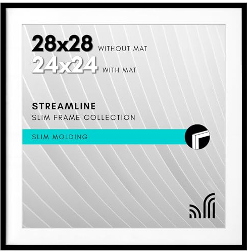 Americanflat 28x28 Picture Frame with Polished Plexiglass - Use as 24x24 Frame with Mat or Display 28x28 Photo Without Mat - Streamline Collection - Thin Border Square Frames for Wall Display - Black