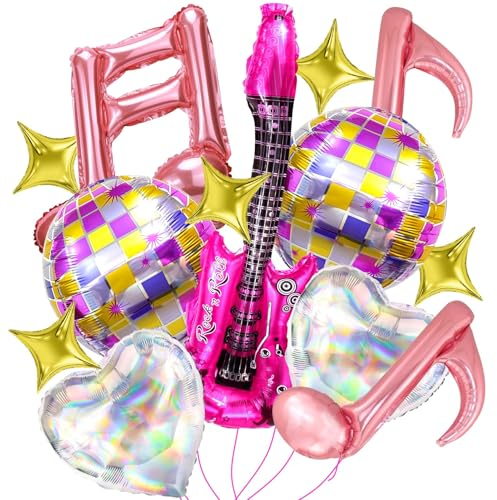 Globo Guitarra, 14pcs Globos Musicales, Globos de Discoteca, Globos de Estrella, Globos de Corazón, Globos Fiesta Discoteca, Adecuados para Cumpleaños, Fiestas Disco, Fiestas de Fans de Cantantes