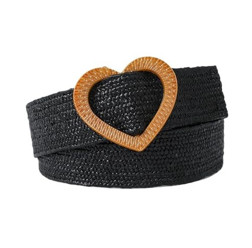 SUBLXPoten Flechtgürtel Damen Mode Strickgürtel Damen Herren bunt Stroh geflochten Artikel Herz Dornschließe Vintage niedlich(Black)