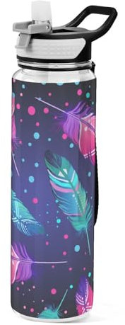 Mnsruu Transparente Sport-Wasserflasche mit Strohhalm, auslaufsichere Trinkflasche, Federn, gepunktet, Fahrradflaschen für Sport, Büro, Schule, BPA-freier Tritan-Kunststoff, 1 Liter