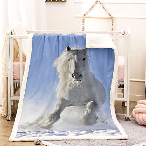 Warme Kuscheldecke Flanell Decke Microfaser Fleecedecke 150X180Cm 3D Tierisches Weißes Pferd Drucken Sofadecke Weiche Flauschige Wolldecken Tagesdecke Wohndecke Für Erwachsene & Kinder