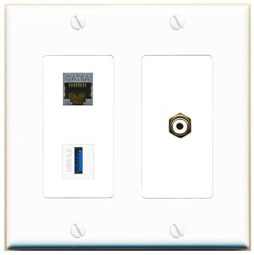 RiteAV Placa de pared hembra de 2 puertos CAT6A RCA-blanco USB-3 (blanco)