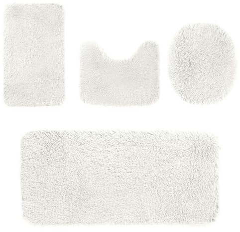 Heavyoff Badematte Set 4 teilig, Waschbar Badezimmerteppich, rutschfeste Badematte Toilettenmatte,Weich Saugfähige Badteppiche und WC Vorleger Duschvorleger, Weiß