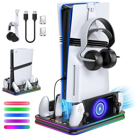 FYOUNG All in One Cooling Stand & Charger Station for PS5/Slim/Pro Console | Charging Dock for PlayStation Portal, Headset and Remote Holder with RGB Light Stand for PS5/Slim/Pro Console and Controller