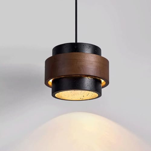 Lampada a sospensione AWEITG Wabi Sabi - Paralume in pietra di travertino nero naturale giapponese e legno - Apparecchio di illuminazione in stile nordico for isola cucina, sala da pranzo, camera da l
