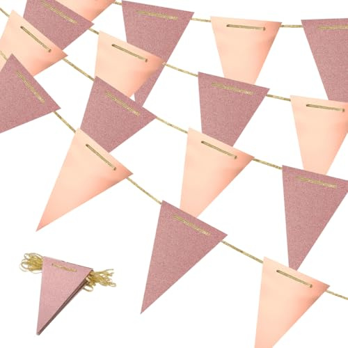 Roségoldene Papier-Wimpelkette, 20 Stück glänzende Wimpel, Garten-Wimpelkette für Partys, Geburtstage, Nachmittagstee und Festdekorationen