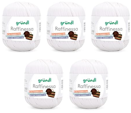 Gründl Raffinessa - Papiergarn - Raffiabast - Papierschnur aus 100% Viskose zum Korbflechten - 5 x 100 g / 120 m - Weiß