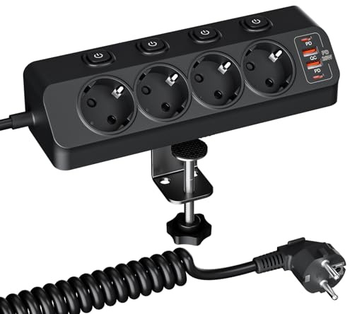 Tischsteckdose mit USB C PD 20W & USB A, 4 Fach Steckdosenleiste mit Einzeln Schaltbar, Überspannungsschutz, 2M Kabel, Ideal für Schreibtisch Zuhause/Büro/Küche