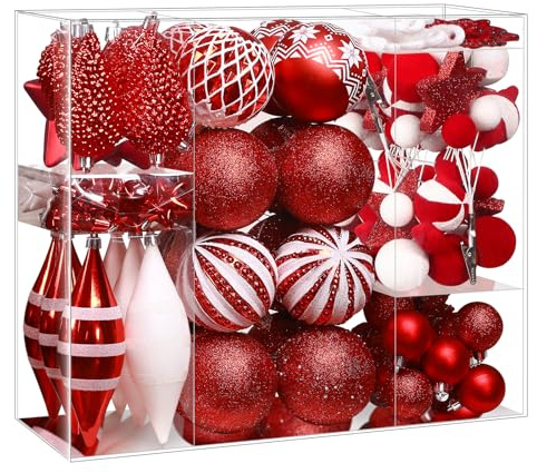 SHareconn 112ct Christmas Tree Balls Ornaments, Classic Pearl Gift Box, Shatterproof Plastic Decorative Baubles for Xmas Tree Decor Holiday Wedding Party Decoration with Hanging Hooks, Red & White