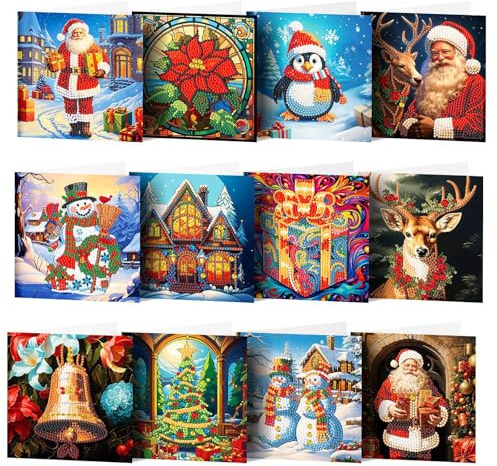 Viechoes 12 Stück Diamond Painting Weihnachtskarten,5d diamond painting,Handgemachtes Diamant Malerei Grußkarten mit umschlag set,Weihnachten Geschenk für Freunde und Familie und Lehrer (B)