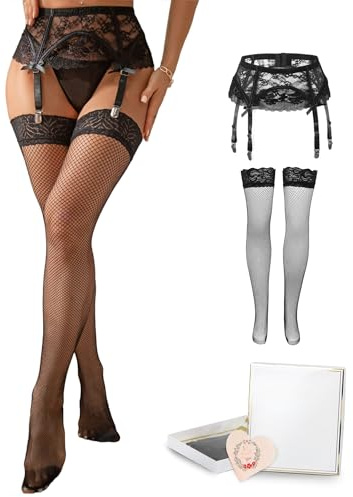 ohyeahlady Women Stretchy Lace Suspender Belt with Stockings Box Package,High Waisted Metal Clips 4 Wide Straps Garter Belt Plus Size Lingerie Set Black Size UK 12 14