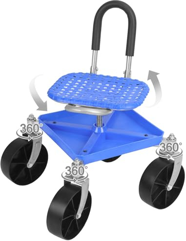Gartenwagen mit Rollen und höhenverstellbarem Drehsitz – Ergonomischer Gartenhocker mit Lenker, Aufbewahrungskorb und Sitzpolster für Gartenarbeit (Blau 2)