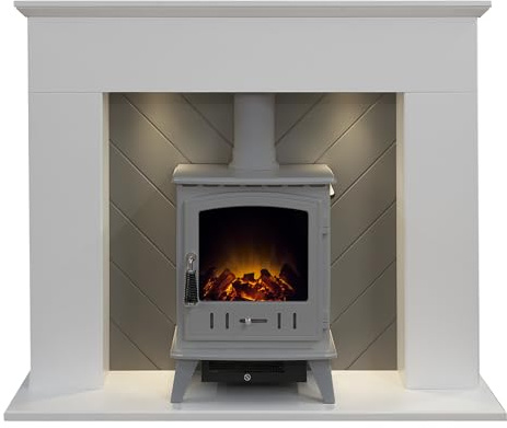 Adam Corinth Stove Fireplace in White & Grey with Downlights & Adam Aviemore Electric Stove in Grey Enamel, 48 Inch